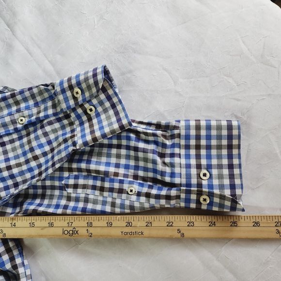 Peter Millar Mens XL Crown Sport Long Sleeve Button Down Tattersall Blue Brown - Picture 8 of 11
